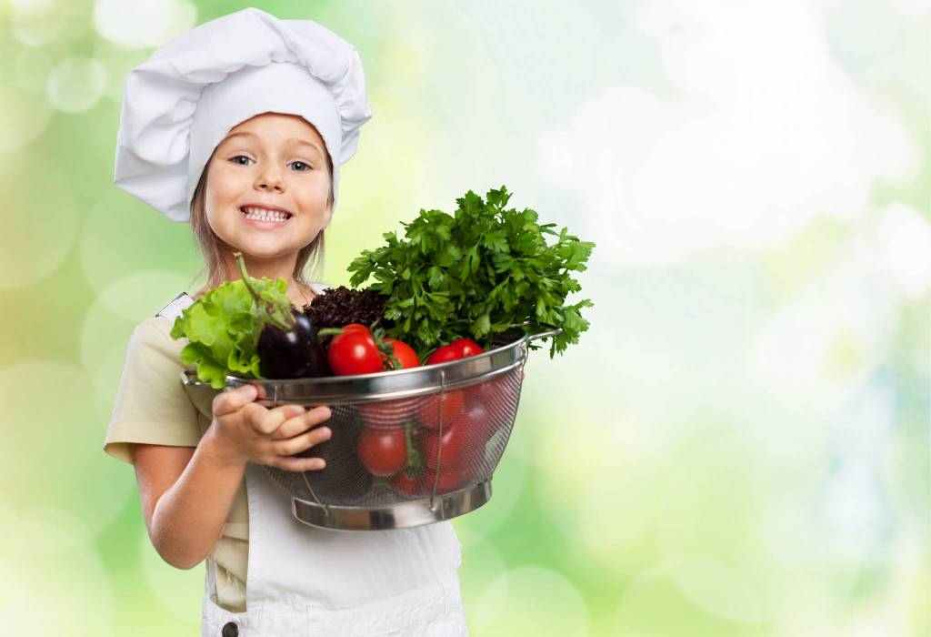dítě, holka, kuchařka, zelenina, bylinky