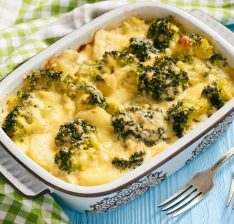 Casserole with broccoli, potatoes, eggs and cheese.