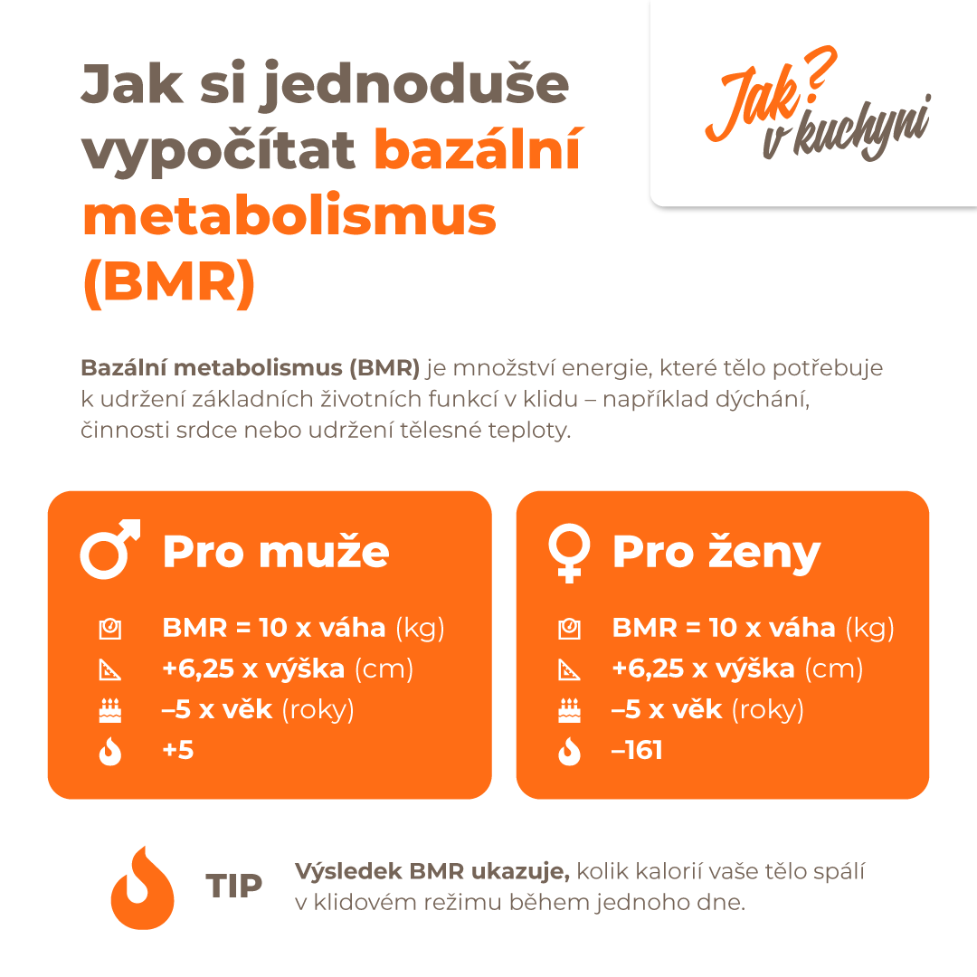 Výpočet bazálního metabolismu (BMR) vám ukáže, kolik energie tělo potřebuje v klidu pro základní životní funkce. Díky jednoduchému vzorci si snadno spočítáte své BMR pro muže i ženy a získáte dobrý základ pro nastavení jídelníčku i hubnutí. Výpočet bazálního metabolismu (BMR) vám ukáže, kolik energie tělo potřebuje v klidu pro základní životní funkce. Díky jednoduchému vzorci si snadno spočítáte své BMR pro muže i ženy a získáte dobrý základ pro nastavení jídelníčku i hubnutí.